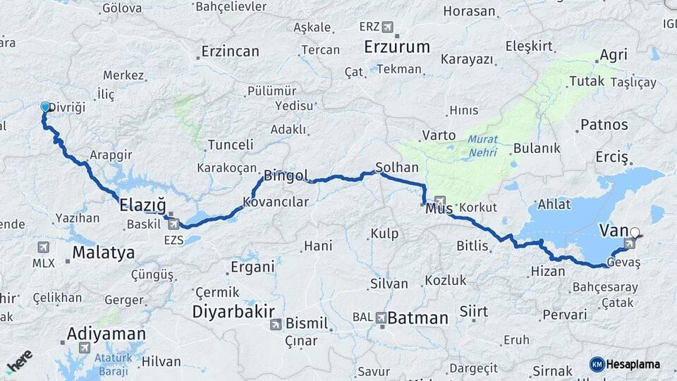 Sivas Divriği Van Arası Kaç Km - Yol Haritası