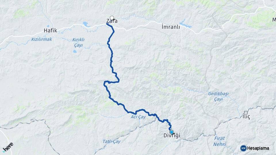 Sivas Divriği Zara Arası Kaç Km - Yol Haritası