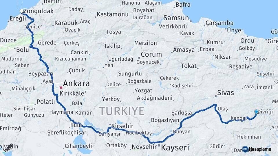 Sivas Divriği Zonguldak Arası Kaç Km - Yol Haritası