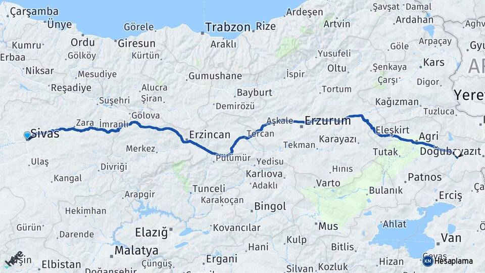 Sivas Diyadin Ağrı Arası Kaç Km - Yol Haritası