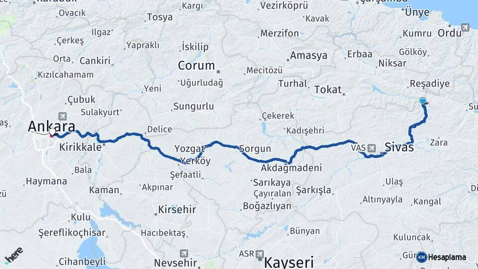 Sivas Doğanşar Ankara Arası Kaç Km - Yol Haritası