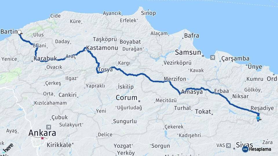 Sivas Doğanşar Bartın Arası Kaç Km - Yol Haritası