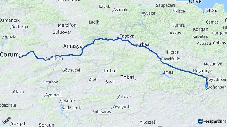 Sivas Doğanşar Çorum Arası Kaç Km - Yol Haritası