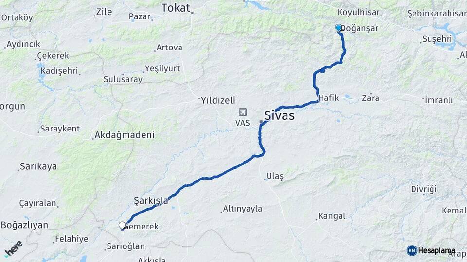 Sivas Doğanşar Gemerek Arası Kaç Km - Yol Haritası