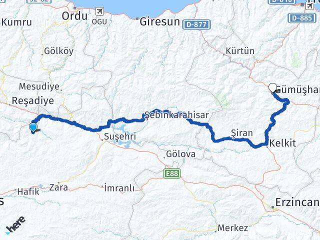 Sivas Doğanşar Gümüşhane Arası Kaç Km - Yol Haritası