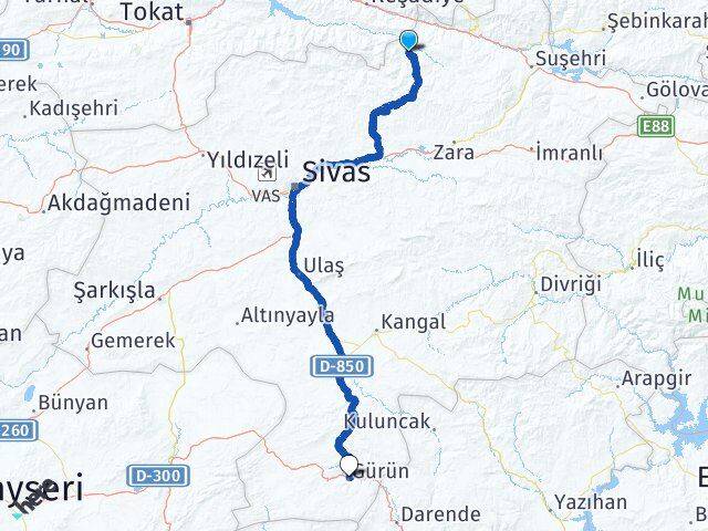 Sivas Doğanşar Gürün Arası Kaç Km - Yol Haritası