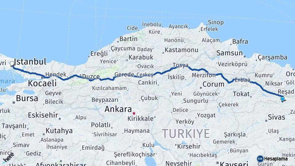 Sivas Doğanşar İstanbul Arası Kaç Km - Yol Haritası