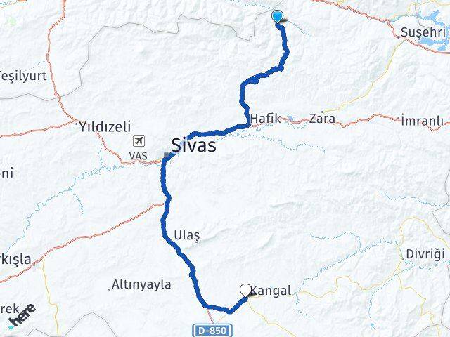 Sivas Doğanşar Kangal Arası Kaç Km - Yol Haritası