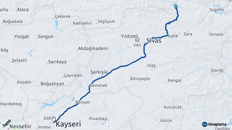 Sivas Doğanşar Kayseri Arası Kaç Km - Yol Haritası