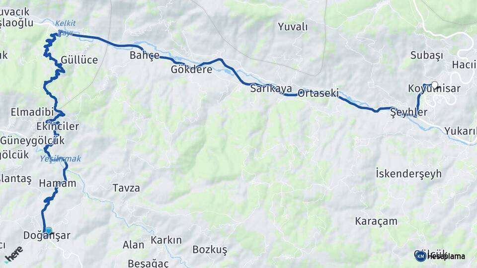 Sivas Doğanşar Koyulhisar Arası Kaç Km - Yol Haritası