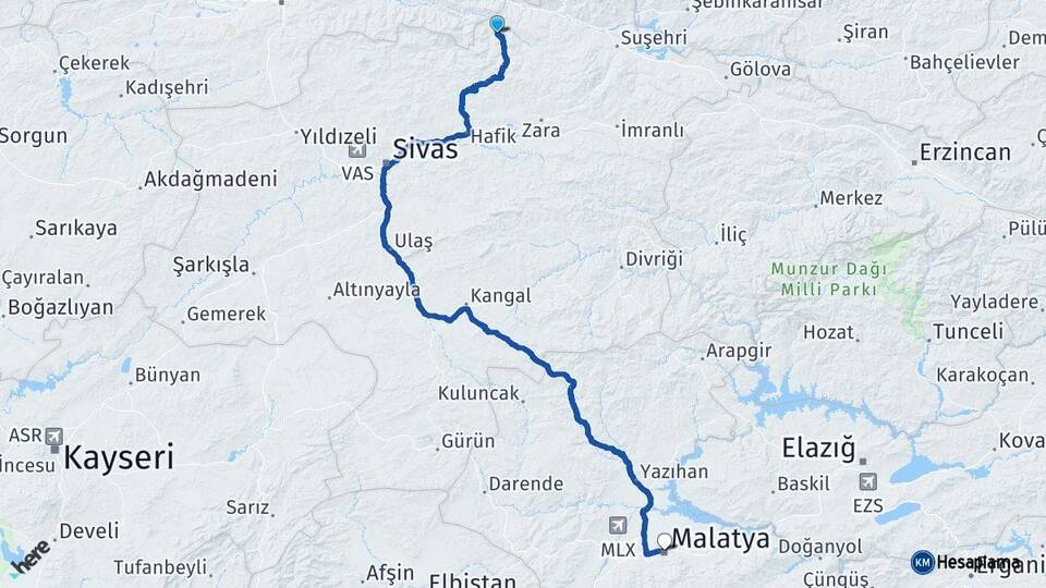 Sivas Doğanşar Malatya Arası Kaç Km - Yol Haritası