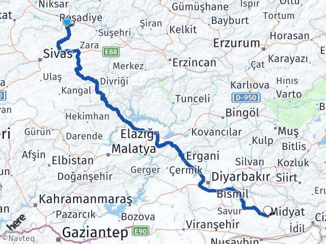 Sivas Doğanşar Midyat Mardin Arası Kaç Km - Yol Haritası