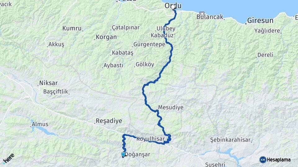 Sivas Doğanşar Ordu Arası Kaç Km - Yol Haritası