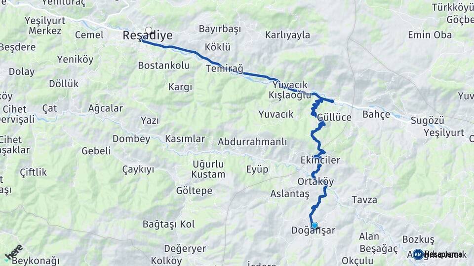 Sivas Doğanşar Reşadiye Tokat Arası Kaç Km - Yol Haritası