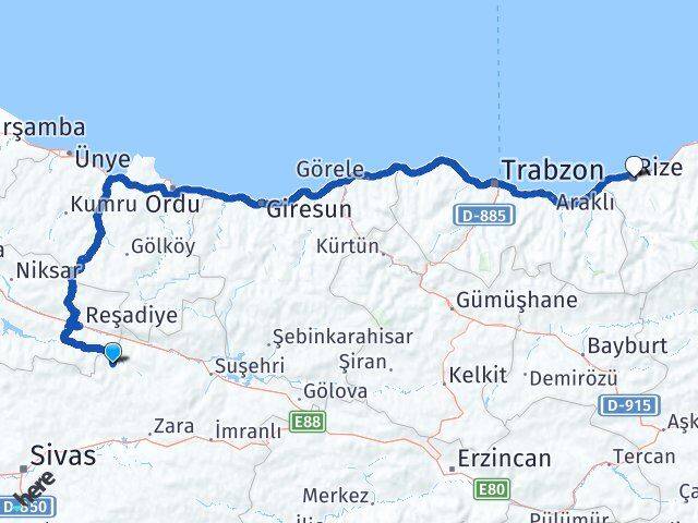 Sivas Doğanşar Rize Arası Kaç Km - Yol Haritası