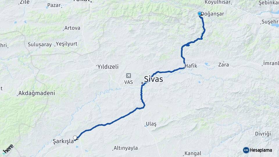 Sivas Doğanşar Şarkışla Arası Kaç Km - Yol Haritası