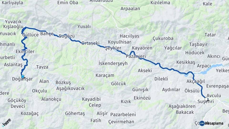 Sivas Doğanşar Suşehri Arası Kaç Km - Yol Haritası