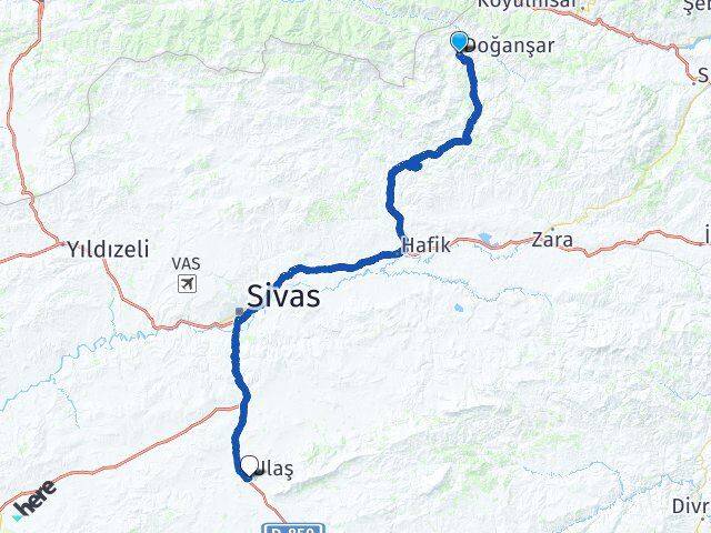 Sivas Doğanşar Ulaş Arası Kaç Km - Yol Haritası