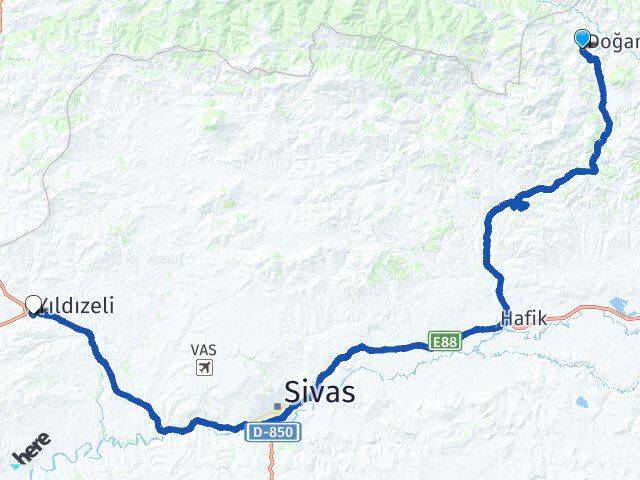 Sivas Doğanşar Yıldızeli Arası Kaç Km - Yol Haritası