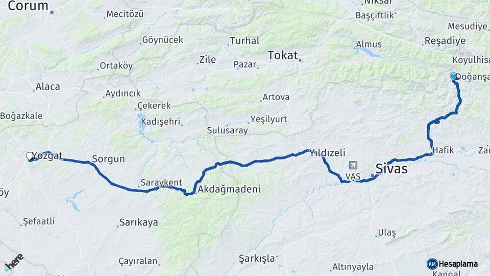 Sivas Doğanşar Yozgat Arası Kaç Km - Yol Haritası