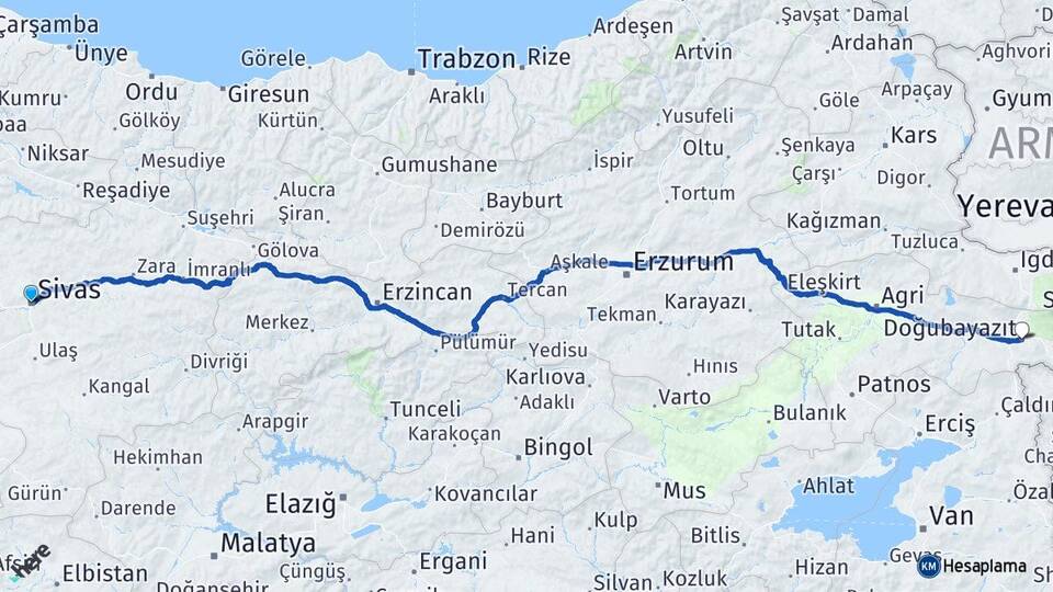 Sivas Doğubayazıt Ağrı Arası Kaç Km - Yol Haritası