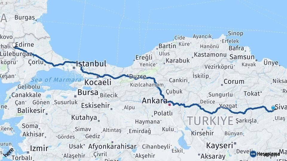 Sivas Edirne Arası Kaç Km - Yol Haritası