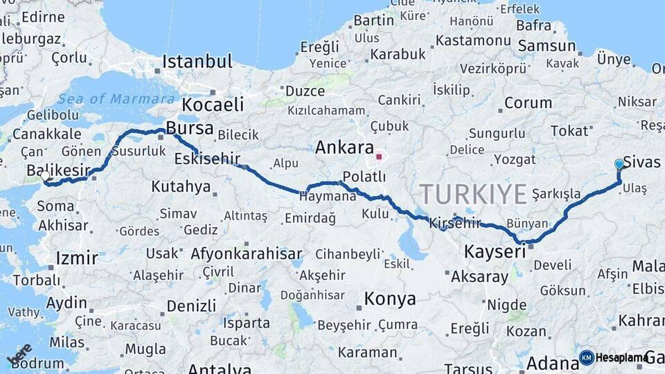 Sivas Edremit Balıkesir Arası Kaç Km - Yol Haritası