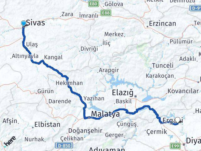 Sivas Eğil Diyarbakır Arası Kaç Km - Yol Haritası