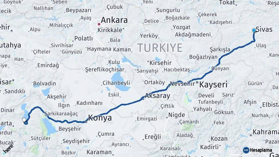 Sivas Eğirdir Isparta Arası Kaç Km - Yol Haritası