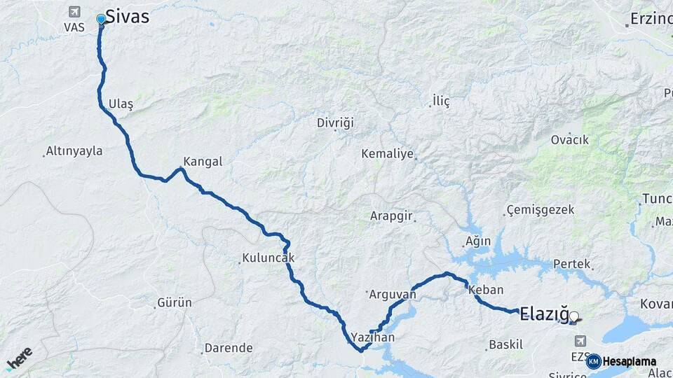 Sivas Elazığ Arası Kaç Km - Yol Haritası