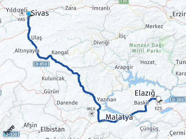 Sivas Elazığ Havalimanı Arası Kaç Km - Yol Haritası
