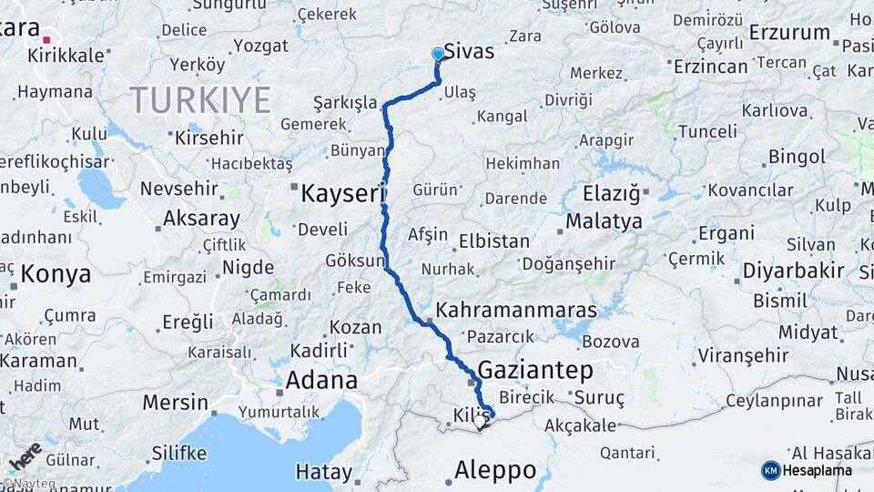 Sivas Elbeyli Kilis Arası Kaç Km - Yol Haritası