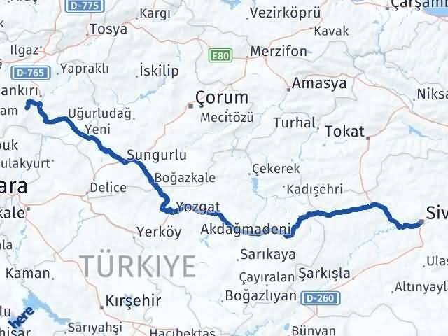 Sivas Eldivan Çankırı Arası Kaç Km - Yol Haritası
