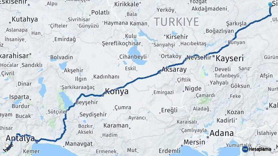 Sivas Elmalı Antalya Arası Kaç Km - Yol Haritası