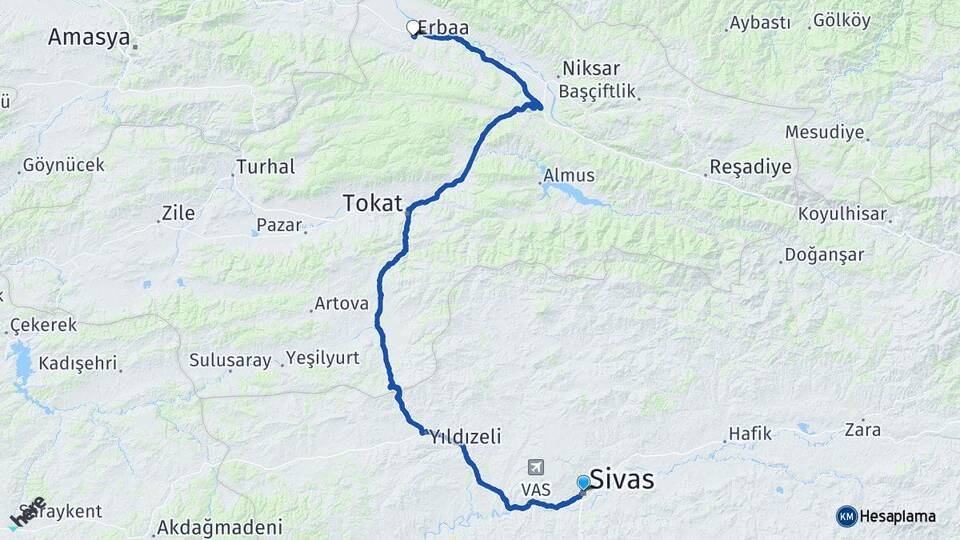 Sivas Erbaa Tokat Arası Kaç Km - Yol Haritası