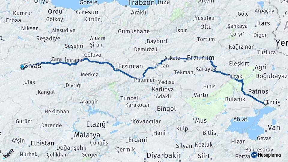 Sivas Erciş Van Arası Kaç Km - Yol Haritası