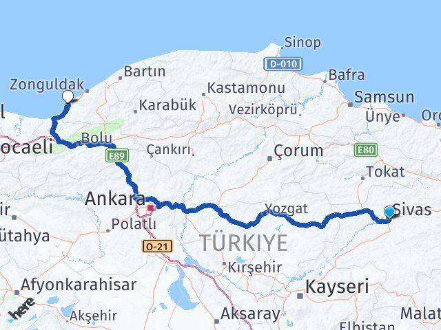 Sivas Ereğli Zonguldak Arası Kaç Km - Yol Haritası