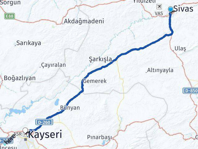 Sivas Erkilet Havalimanı Arası Kaç Km - Yol Haritası