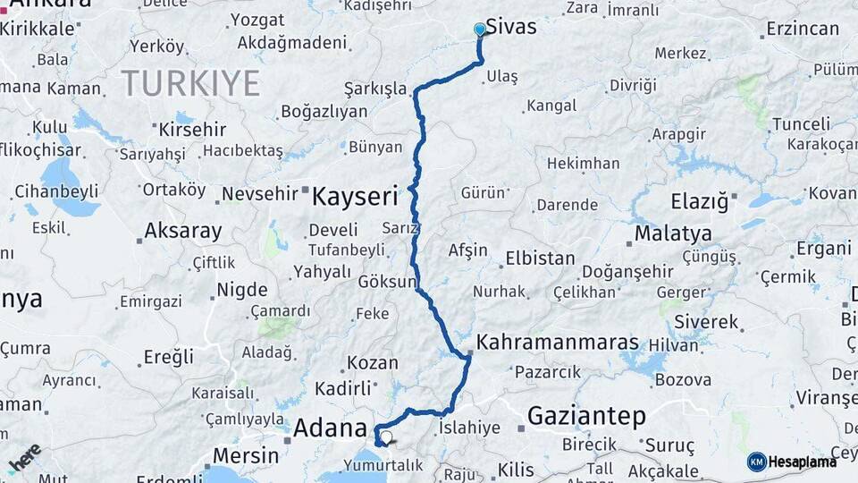 Sivas Erzin Hatay Arası Kaç Km - Yol Haritası