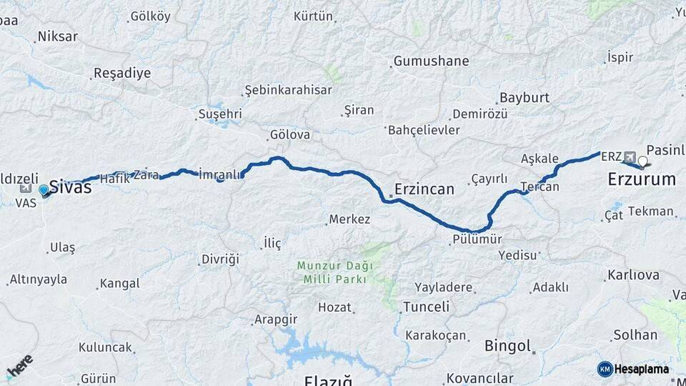 Sivas Erzurum Arası Kaç Km - Yol Haritası