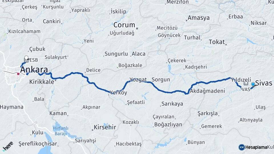 Sivas Esenboğa Havalimanı Arası Kaç Km - Yol Haritası