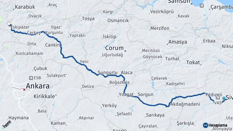 Sivas Eskipazar Karabük Arası Kaç Km - Yol Haritası