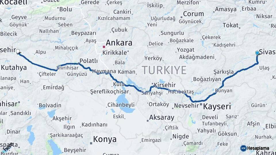 Sivas Eskişehir Arası Kaç Km - Yol Haritası