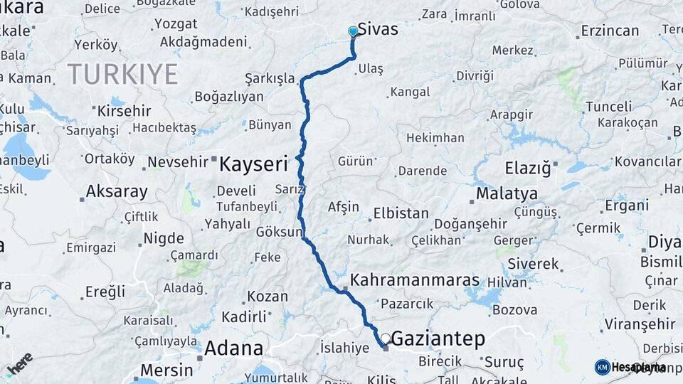 Sivas Gaziantep Arası Kaç Km - Yol Haritası