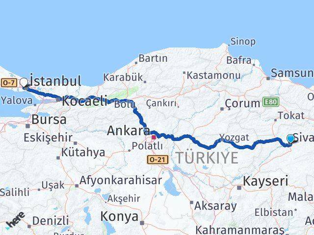 Sivas Gaziosmanpaşa İstanbul Arası Kaç Km - Yol Haritası