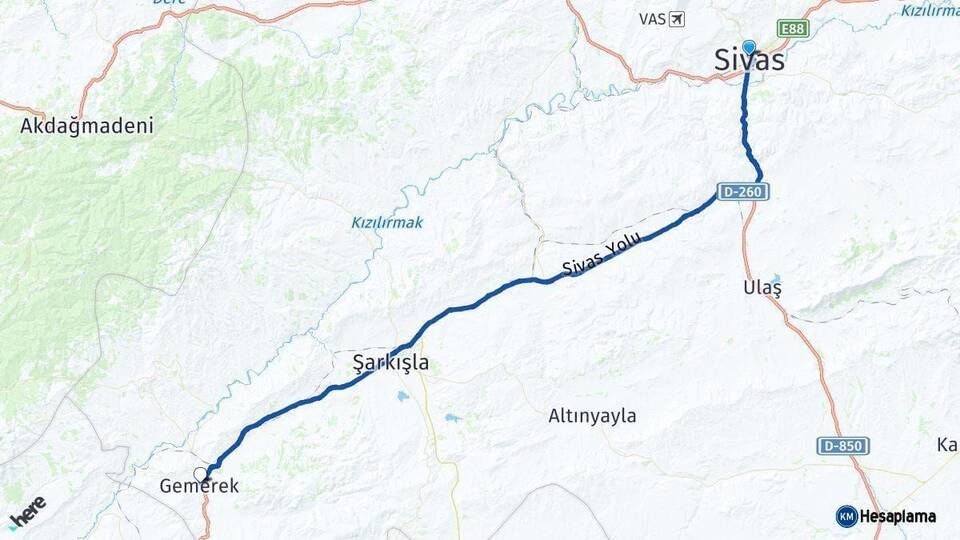 Sivas Gemerek Arası Kaç Km - Yol Haritası
