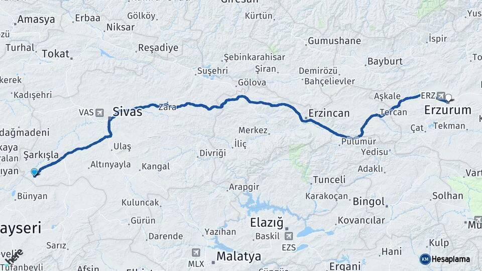 Sivas Gemerek Erzurum Arası Kaç Km - Yol Haritası