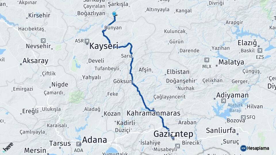 Sivas Gemerek Gaziantep Arası Kaç Km - Yol Haritası