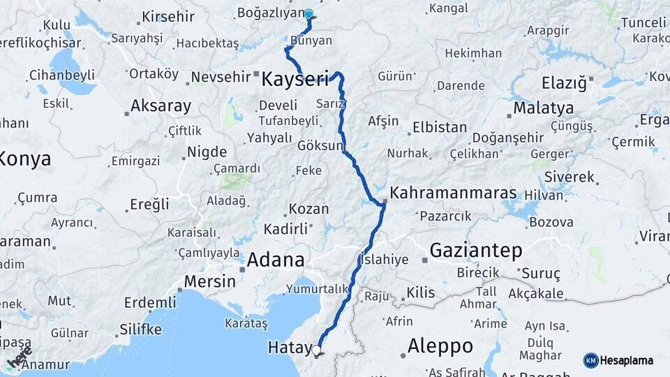 Sivas Gemerek Hatay Arası Kaç Km - Yol Haritası