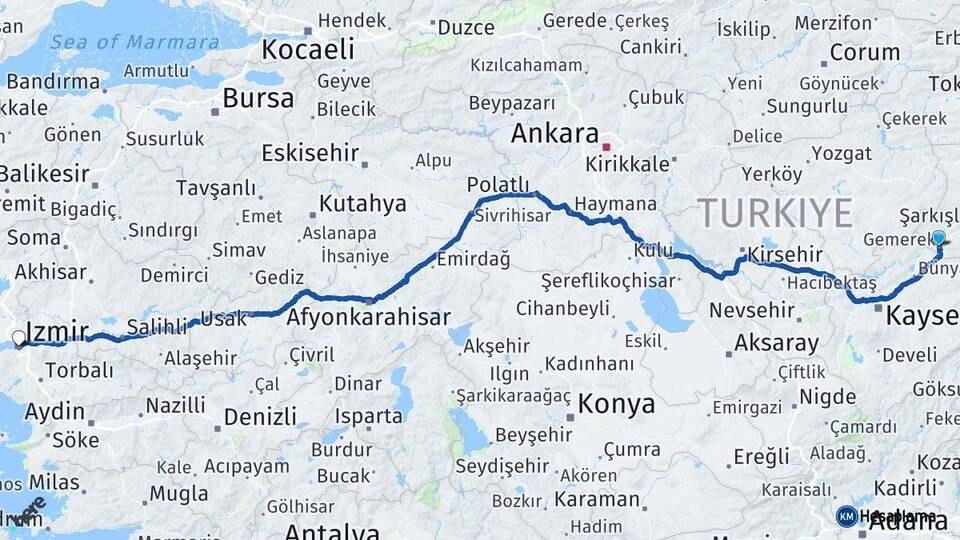 Sivas Gemerek İzmir Arası Kaç Km - Yol Haritası